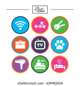 Hotel, apartment service icons. Wi-fi internet. Reception, pets allowed and hairdryer symbols. Classic simple flat icons. Vector