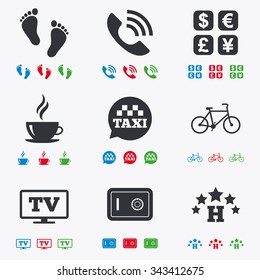 Hotel, apartment services icons. Coffee sign. Phone call, kid-friendly and safe strongbox symbols. Flat black, red, blue and green icons.