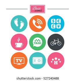 Hotel, apartment services icons. Coffee sign. Phone call, kid-friendly and safe strongbox symbols. Colorful flat buttons with icons. Vector