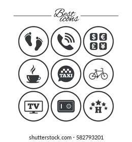 Hotel, apartment services icons. Coffee sign. Phone call, kid-friendly and safe strongbox symbols. Classic simple flat icons. Vector