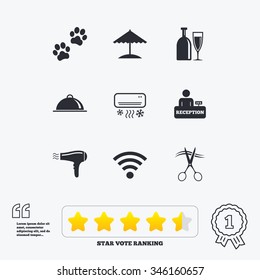 Hotel, apartment services icons. Wifi internet sign. Pets allowed, alcohol and air conditioning symbols. Star vote ranking. Award achievement and quotes.