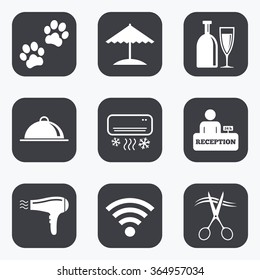 Hotel, apartment services icons. Wifi internet sign. Pets allowed, alcohol and air conditioning symbols. Flat square buttons with rounded corners.