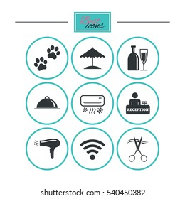 Hotel, apartment services icons. Wifi internet sign. Pets allowed, alcohol and air conditioning symbols. Round flat buttons with icons. Vector