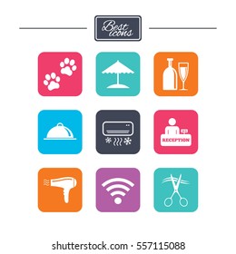 Hotel, apartment services icons. Wifi internet sign. Pets allowed, alcohol and air conditioning symbols. Colorful flat square buttons with icons. Vector
