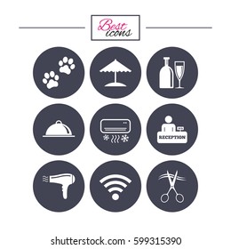 Hotel, apartment services icons. Wifi internet sign. Pets allowed, alcohol and air conditioning symbols. Classic simple flat icons. Vector