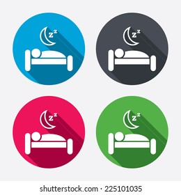 Hotel apartment sign icon. Travel rest place. Sleeper symbol. Circle buttons with long shadow. 4 icons set. Vector