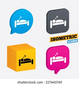 Hotel apartment sign icon. Travel rest place. Sleeper symbol. Isometric speech bubbles and cube. Rotated icons with edges. Vector