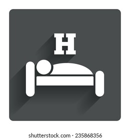 Hotel apartment sign icon. Travel rest place. Sleeper symbol. Gray flat square button with shadow. Modern UI website navigation. Vector