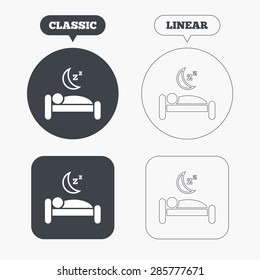 Hotel apartment sign icon. Travel rest place. Sleeper symbol. Classic and line web buttons. Circles and squares. Vector