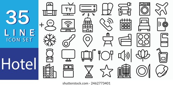 Hotel and apartment web icons in line style. Rental, reservation, hotel booking, room, parking, travel, service, airport, collection. Vector illustration