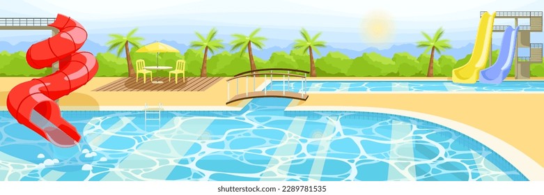 Hotel area with water park and pool. Empty poolside with sunbeds and umbrella. Outdoor villa with blue water in swimming pool. Landscape on background. Luxury holidays poster. Flat vector illustration