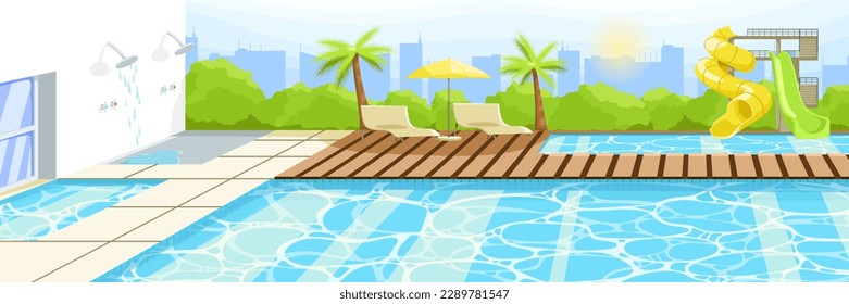 Hotel area with water park and pool. Empty poolside with sunbeds and umbrella. Outdoor villa with blue water in swimming pool. Landscape on background. Luxury holidays poster. Flat vector illustration