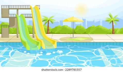 Hotel area with Water Park slides tube and pool. Empty poolside with umbrella. Outdoor activity in blue water swimming pool. Landscape on background. Luxury holidays poster. Flat vector illustration