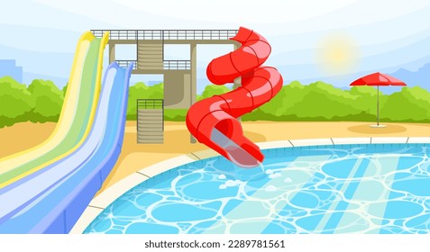 Hotel area with water park slides tube and pool. Empty poolside with umbrella. Outdoor activity in blue water swimming pool. Landscape on background. Luxury holidays poster. Flat vector illustration