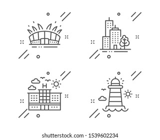 Hotel, Arena stadium and Skyscraper buildings line icons set. Lighthouse sign. Travel, Sport complex, Town architecture. Beacon tower. Buildings set. Line hotel outline icon. Vector