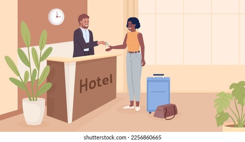 Hotel arrival flat color vector illustration. Booking room in hostel. Receptionist greeting new guest. Fully editable 2D simple cartoon characters with waiting room interior on background