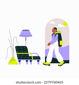 Hotel Arrival With Male Traveler Carrying A Backpack In Flat Vector Illustration Symbolizing Check in, Tourism, And Travel Accommodation, Isolated On White Background