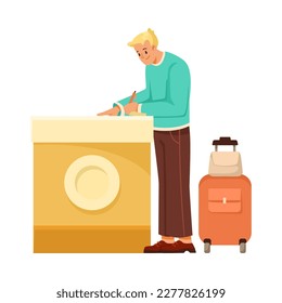 Hotel Arriving with Man at Reception Desk Check in Vector Illustration