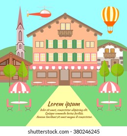 Hotel in the Austrian style, in a hilly area surrounded by nature. Vector illustration.
