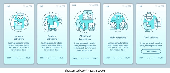 Hotel babysitting service onboarding mobile app screen vector template. Choose nanny. In-room, night, travel, outdoor babysitter. Walkthrough website steps. UX, UI, GUI smartphone interface concept