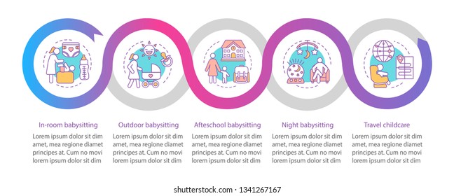 Hotel babysitting service vector infographic template. Business presentation design elements. Night, travel babysitter. Data visualization with steps, options. Process timeline chart. Workflow layout