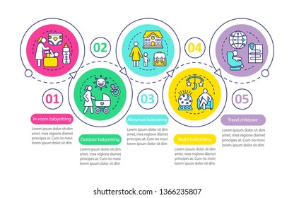 Hotel babysitting service vector infographic template. Business presentation design elements. Night, travel babysitter. Data visualization with steps, options. Process timeline chart. Workflow layout