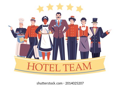 Hotel Background Composition With Staff In Uniform, Flat Vector Illustration With Text Isolated. Receptionist, Manager, Waiter, Doorman And Maid. Set Of Human Characters With Hotel Workers.