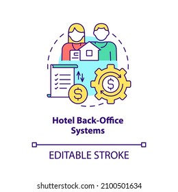 Hotel Back-office Systems Concept Icon. Property Management Systems Abstract Idea Thin Line Illustration. Isolated Outline Drawing. Editable Stroke. Roboto-Medium, Myriad Pro-Bold Fonts Used