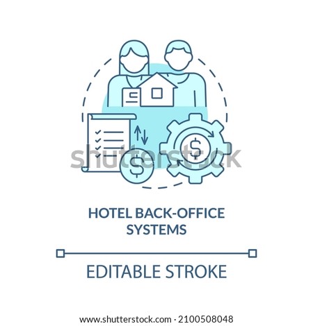 Hotel back-office systems turquoise concept icon. Property management abstract idea thin line illustration. Isolated outline drawing. Editab le stroke. Roboto-Medium, Myriad Pro-Bold fonts used [[stock_photo]] © 