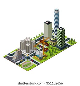 Hotel and bank illustration. Construction and central stadium illustration. Isometric city map. Skyscrapers in downtown.