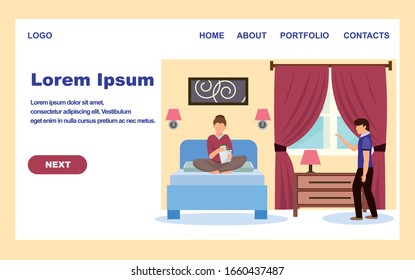 Hotel Banner. Cartoon Woman in Hotel Apartment, Man Manager Welcome Female Guest Vector Illustration. Room Service. Book Room Online, Motel Suite Internet Reservation. Vacation Travel Trip
