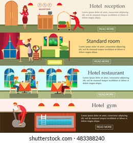 Hotel banners set with room service elements, hotel staff, restaurant,  gym, pool, standard room,  cleaning, concierge and reception. Vector flat icons