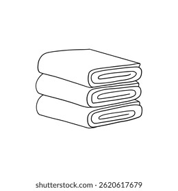 Ícone da toalha de banho do hotel. Tecido empilhado, rolo fofo para spa e cozinha, ilustração vetorial de item dobrado e pendurado para banheiro isolado no fundo branco para o seu design