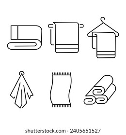 Iconos de toallas de baño de hotel. Tela textil apilada, rollo esponjoso para spa y cocina, ilustración vectorial de los elementos plegados y colgantes para el baño aislado sobre fondo blanco
