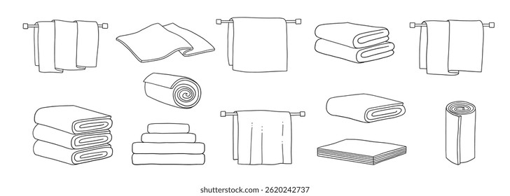 Hotel bath towel icons. Stacked textile fabric, fluffy roll for spa and kitchen, vector illustration of folded and hanging items for bathroom isolated on white background for your design