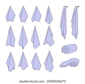 Hotel bath towel line icons.  Stacked textile fabric, fluffy roll for  bathroom and kitchen, 
vector illustration of folded and hanging towels for bathroom isolated on white background. 
