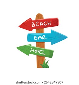 Hotel, beach, or bar beach signboard vector clipart illustration. Wooden pointer to the beach. Summer vacation and travel concept. 