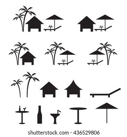 Hotel and beach resort icons, isolated vector
