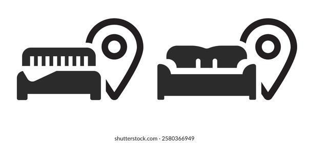 Hotel bed or accommodation location icon vector, furniture shop store delivery simple line stroke outline logo graphic illustration set, travel bedroom navigation info sign symbol image clip art
