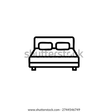 Hotel bed icon black and white line art vector illustration of double bed with pillows for accommodation and travel booking apps