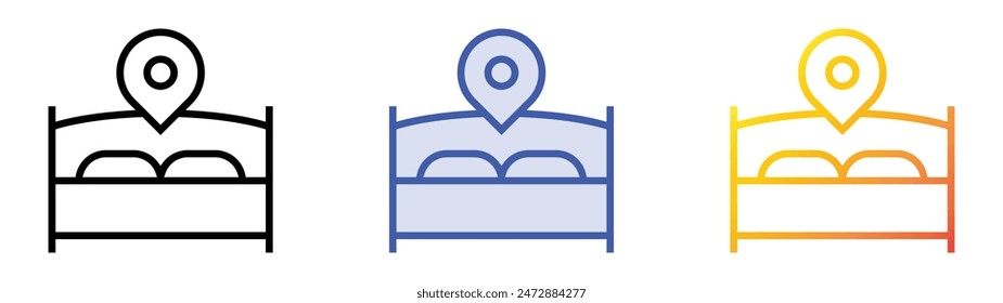 Hotelbett-Symbol. Lineares, blaues Füllungs- und Verlaufsstil-Design auf weißem Hintergrund