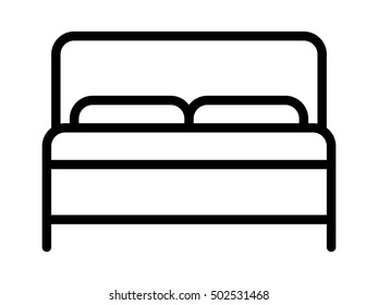 Hotel bed with mattress and pillows line art vector icon for apps and websites