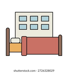 Ícone do quarto de cama do hotel representando alojamento, serviços de hospitalidade, estadia confortável e conceitos de alojamento.