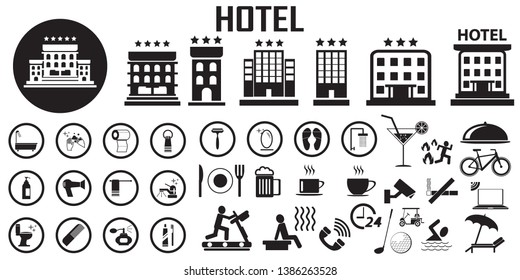hotel bed room travel vacation service illustration flat icons. mono vector symbol.