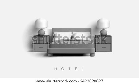Hotel bedroom. A bed with bedside tables and table lamps, 3D. Black-white, stylish interior for hotel advertising, booking, and recreation. Vector