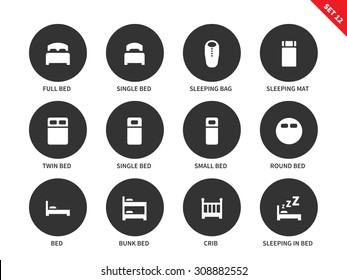 Hotel beds vector icons set for tourists, full bed, single bed, sleaping bag and mat, bunk bed, crib and round bed. Hotel sleep signs. Isolated on white background