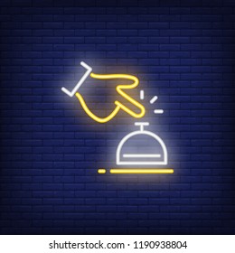 Hotel bell neon sign. Luminous signboard with hand of guest at reception. Night bright advertisement. Vector illustration in neon style for motel, hospitality, attention