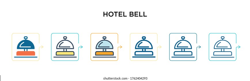 Icono del vector de campana de hotel en 6 estilos modernos diferentes. Iconos de timbre de hotel negros, de dos colores, diseñados con un estilo relleno, contorno, línea y trazo. La ilustración vectorial se puede usar para web, móvil, ui