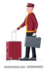 Hotel Bellboy at Work Carrying Guests Bags. Bellboy Character with Luggage Isolated on White Background. Porter Hotel Worker with Briefcase. Bellhop Service Doorkeeper. Flat Vector Illustration