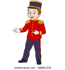 Hotel Bellhop. Bellman. Bellboy. Doorman. Doorkeeper. People profession. Cartoon character. Colorful design for kids activity book, coloring page, colouring picture. Vector illustration for children.